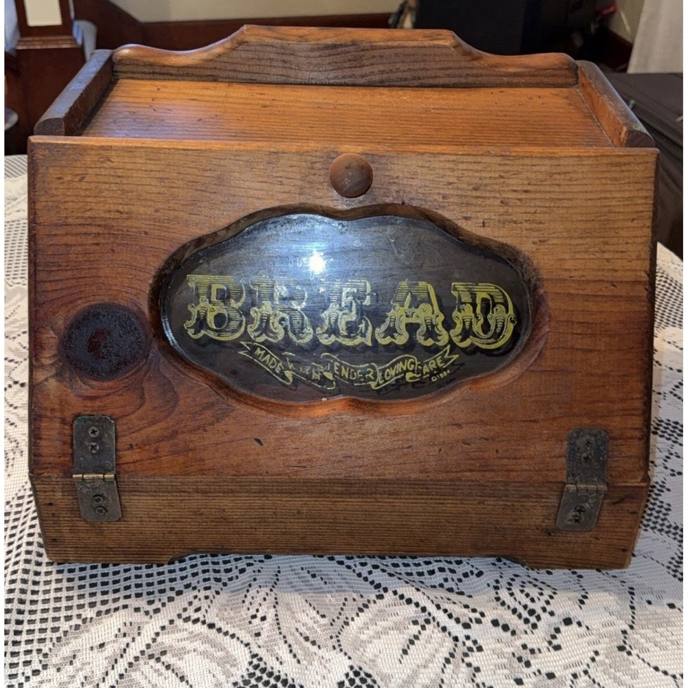 Vintage Wood Bread Box Glass Window Cottage Core Oak Bread Keeper Brown